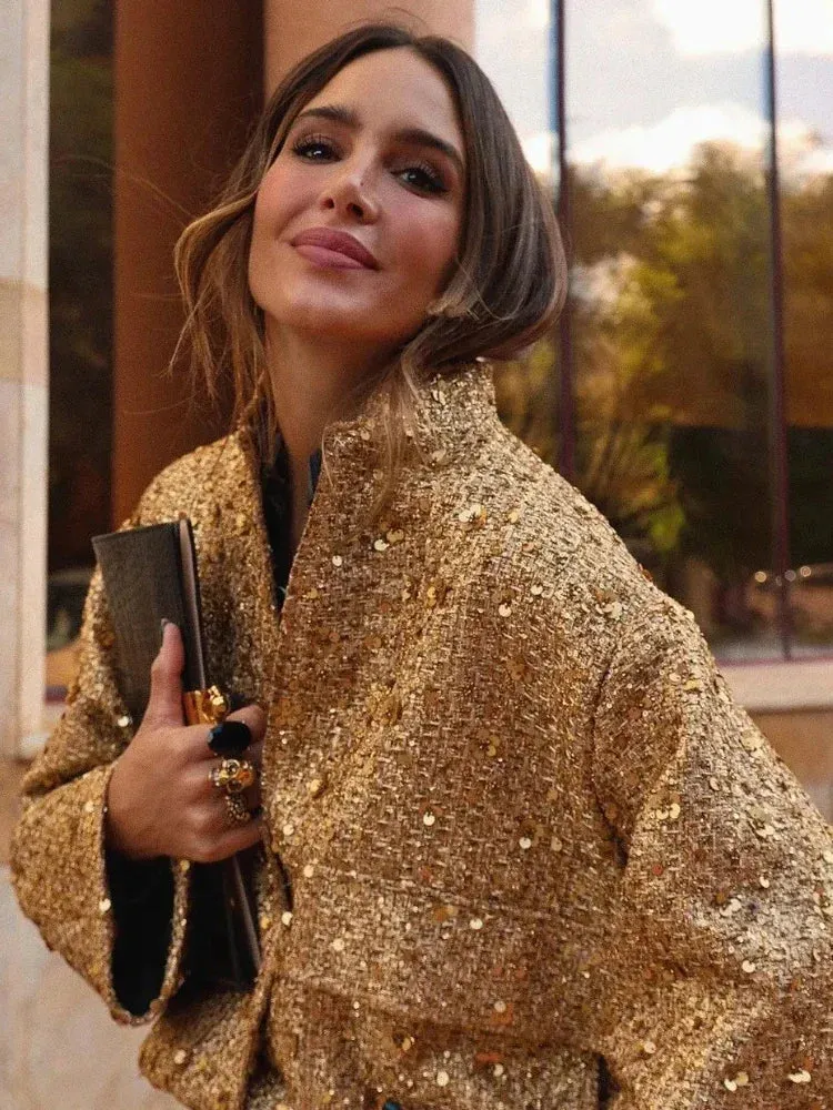 Chic long sleeves Sequined Bomber Jacket Fall coat