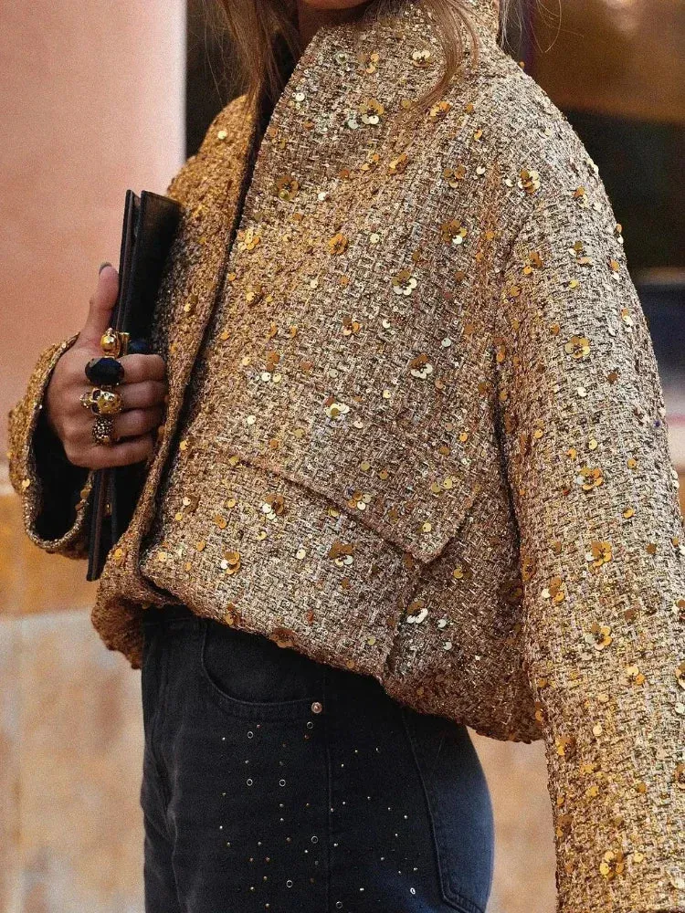 Chic long sleeves Sequined Bomber Jacket Fall coat