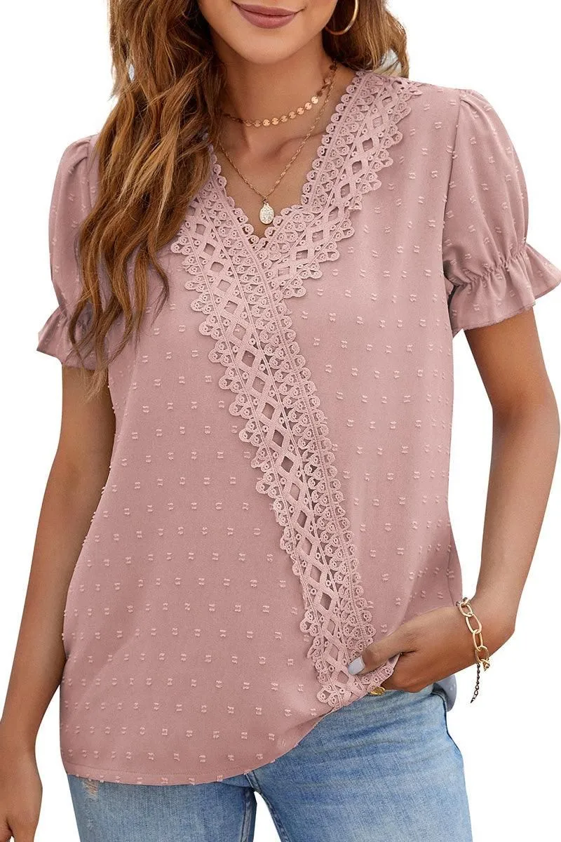 CHIFFON LACE V NECK DOT BLOUSE