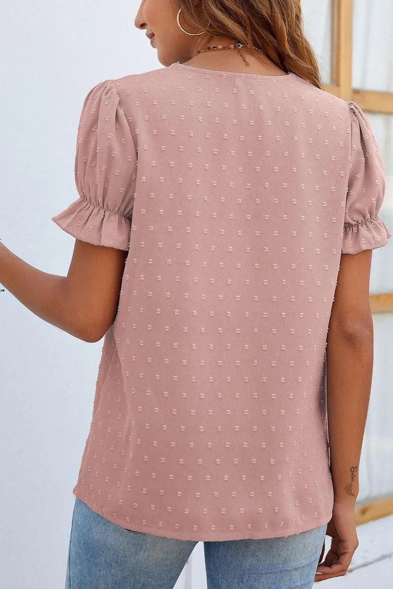 CHIFFON LACE V NECK DOT BLOUSE