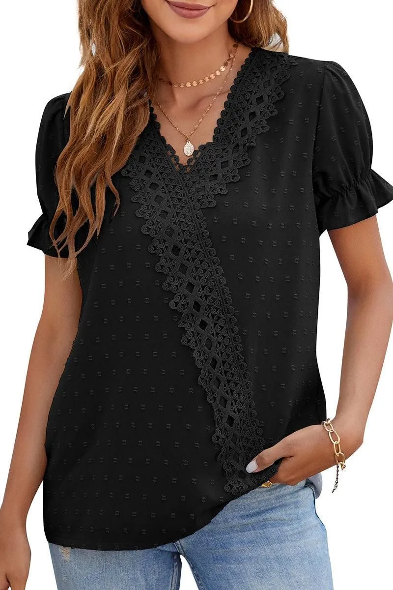 CHIFFON LACE V NECK DOT BLOUSE