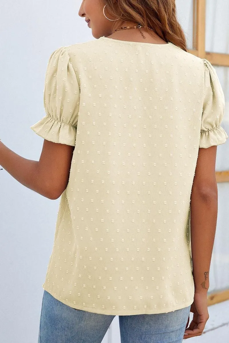 CHIFFON LACE V NECK DOT BLOUSE