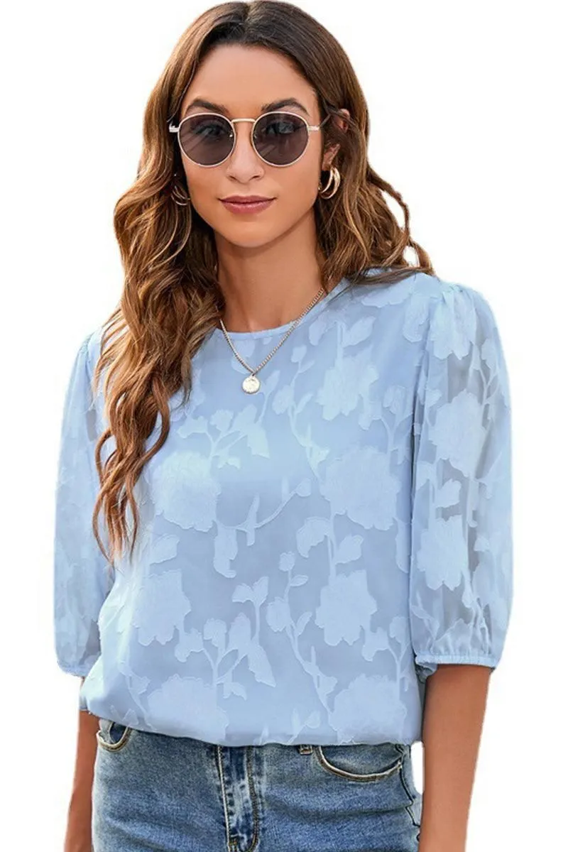 CHIFFON PUFF SLEEVE FLOWER LACE CUT OUT LOOSE TOP