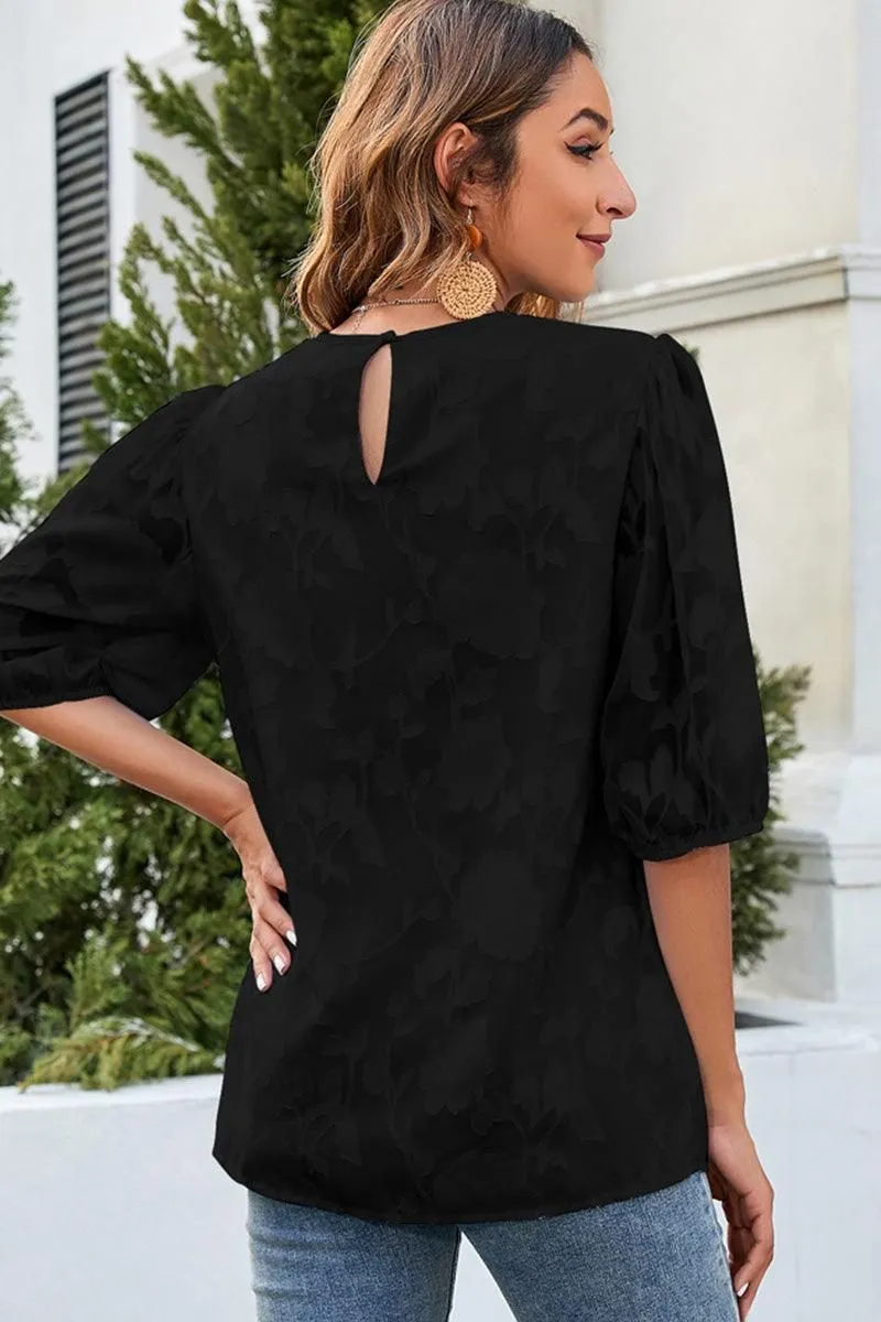 CHIFFON PUFF SLEEVE FLOWER LACE CUT OUT LOOSE TOP