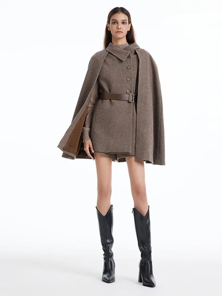 Coffee Brown Washable Wool Cloak And Vest Two-piece Set