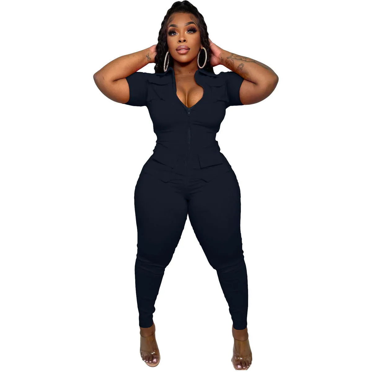 Complimenting-fit Three-dimensional Zipper Pocket Jumpsuits