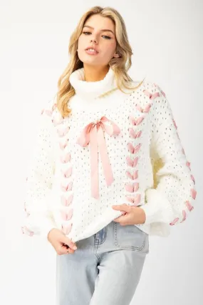 Cream Bow Lace Point Turtle Neck Sweater