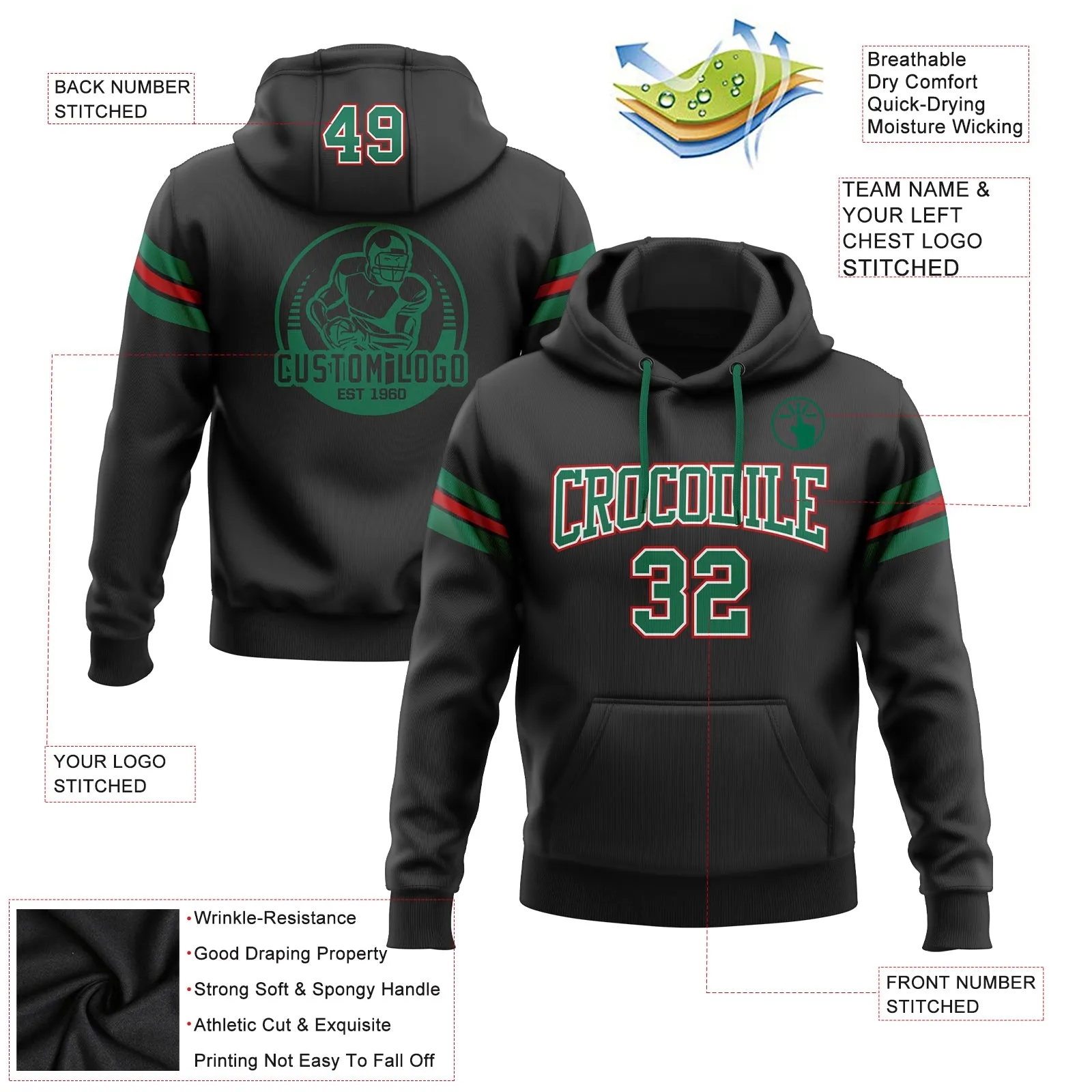 Custom Stitched Black Kelly Green-Red Football Pullover Sweatshirt Hoodie