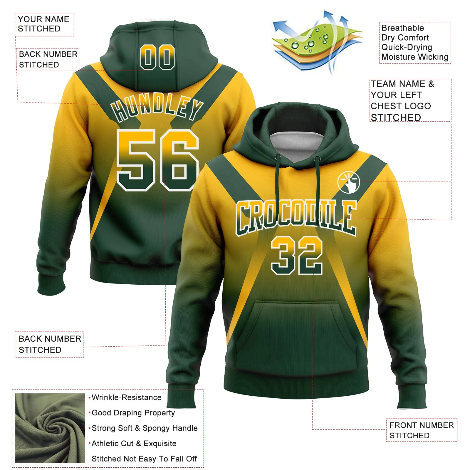 Custom Stitched Gold Green-White Fade Fashion Arrow Sports Pullover Sweatshirt Hoodie