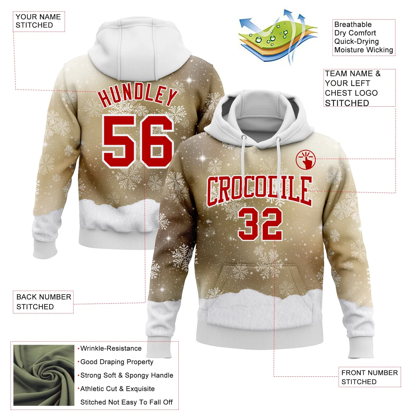 Custom Stitched Old Gold Red-White Christmas Snowflakes 3D Sports Pullover Sweatshirt Hoodie