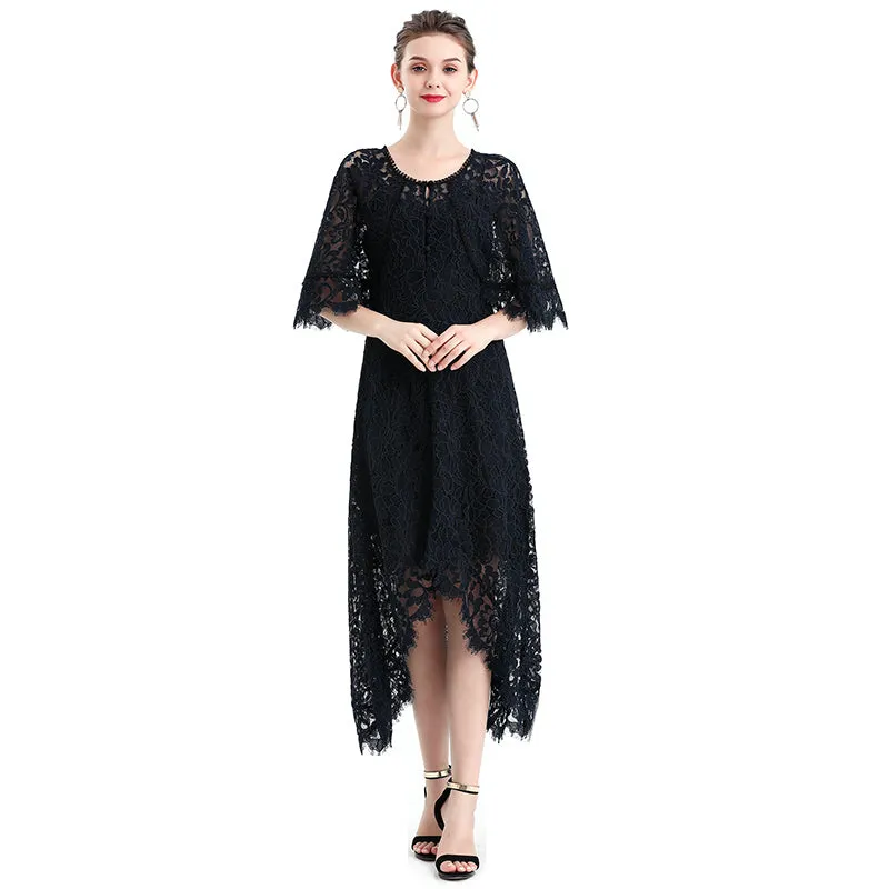 D078-3 Women floral lace cape sleeve flared asymmetric hem midi evening dress