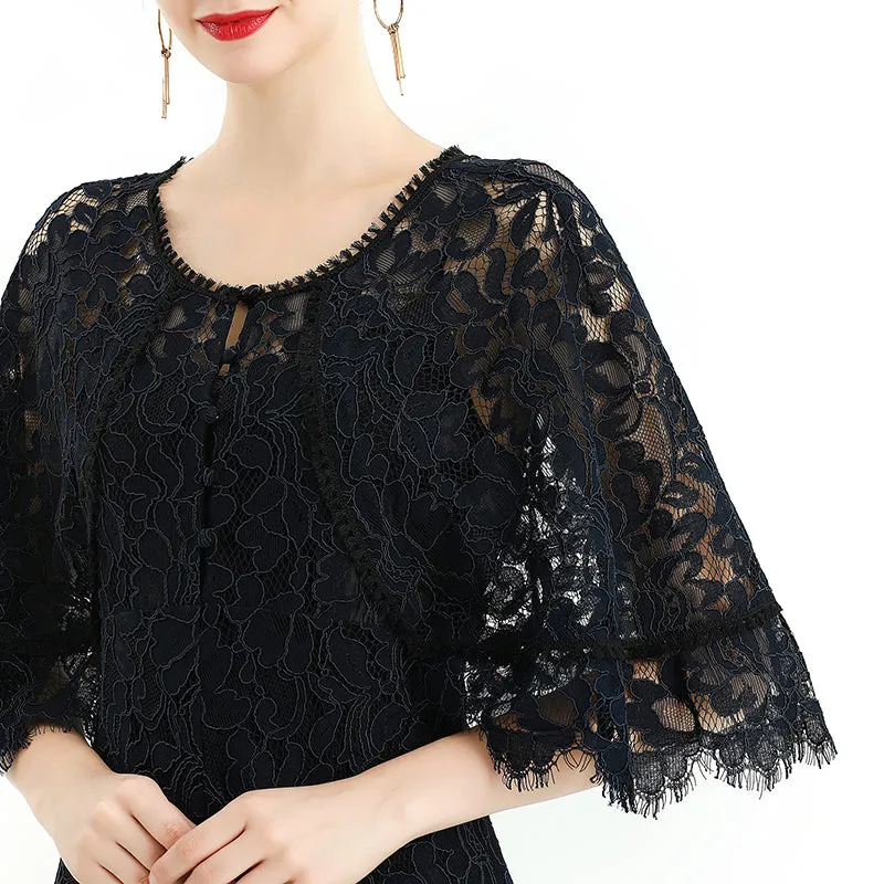 D078-3 Women floral lace cape sleeve flared asymmetric hem midi evening dress