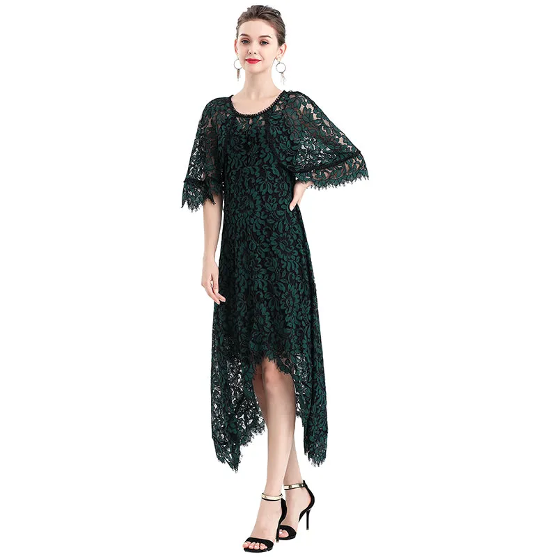 D078-3 Women floral lace cape sleeve flared asymmetric hem midi evening dress