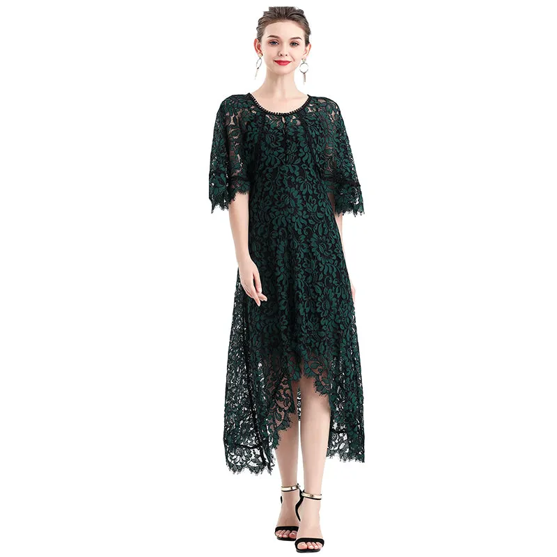 D078-3 Women floral lace cape sleeve flared asymmetric hem midi evening dress