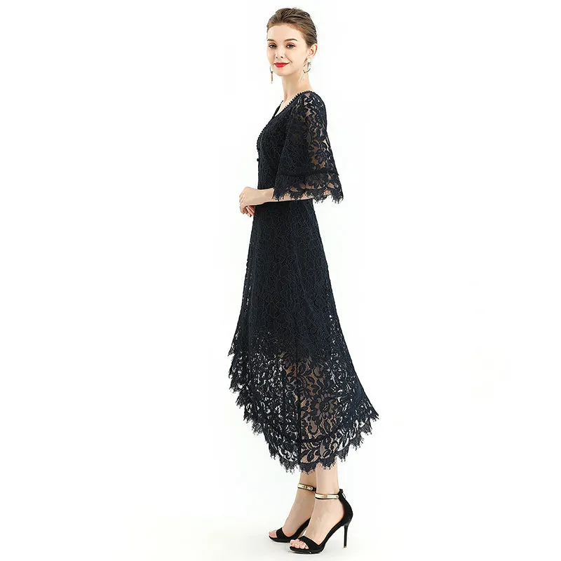 D078-3 Women floral lace cape sleeve flared asymmetric hem midi evening dress