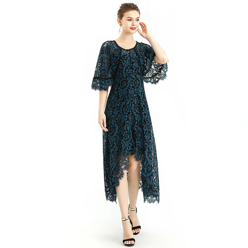 D078-3 Women floral lace cape sleeve flared asymmetric hem midi evening dress