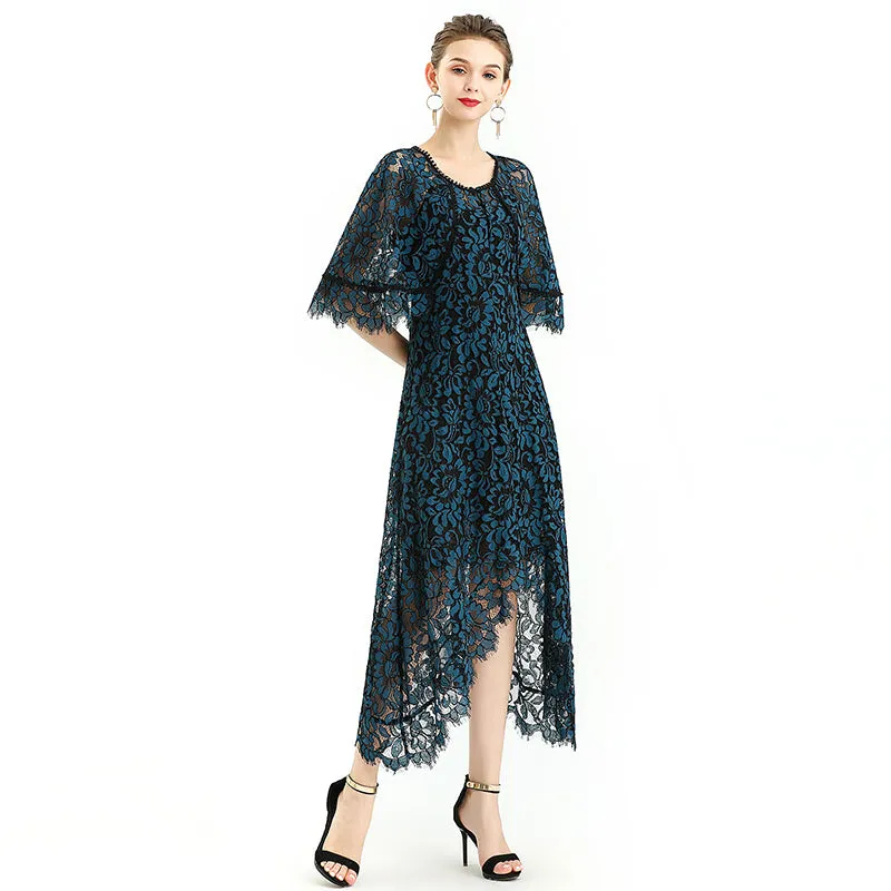 D078-3 Women floral lace cape sleeve flared asymmetric hem midi evening dress