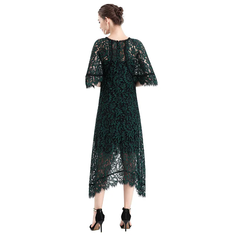 D078-3 Women floral lace cape sleeve flared asymmetric hem midi evening dress