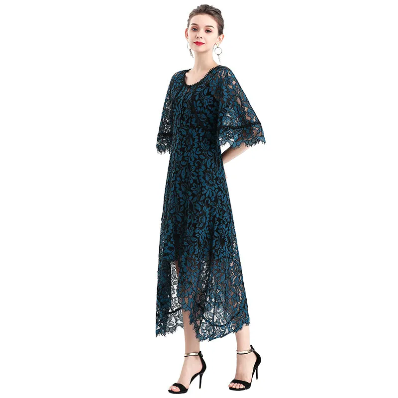 D078-3 Women floral lace cape sleeve flared asymmetric hem midi evening dress