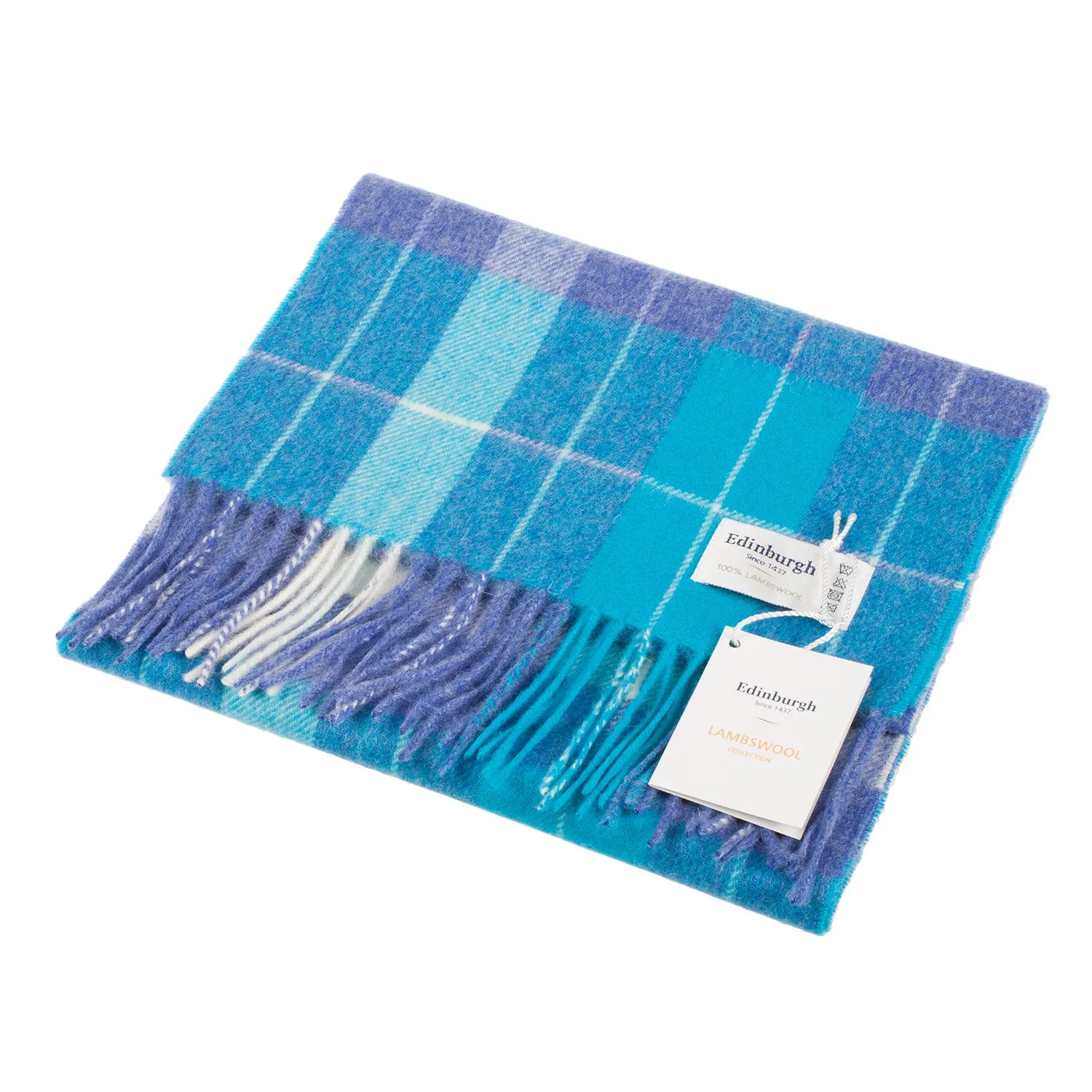 Edinburgh 100% Lambswool Scarf  Heivon Check - Denim/Aqua/Lazuli