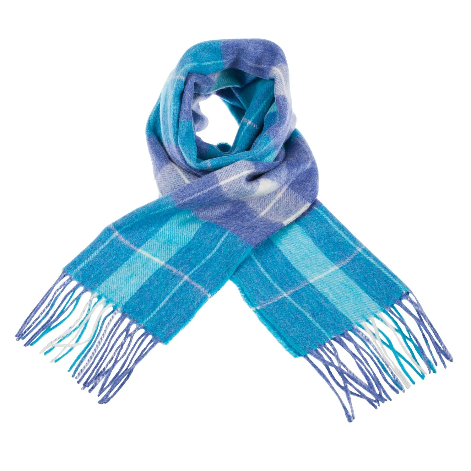 Edinburgh 100% Lambswool Scarf  Heivon Check - Denim/Aqua/Lazuli