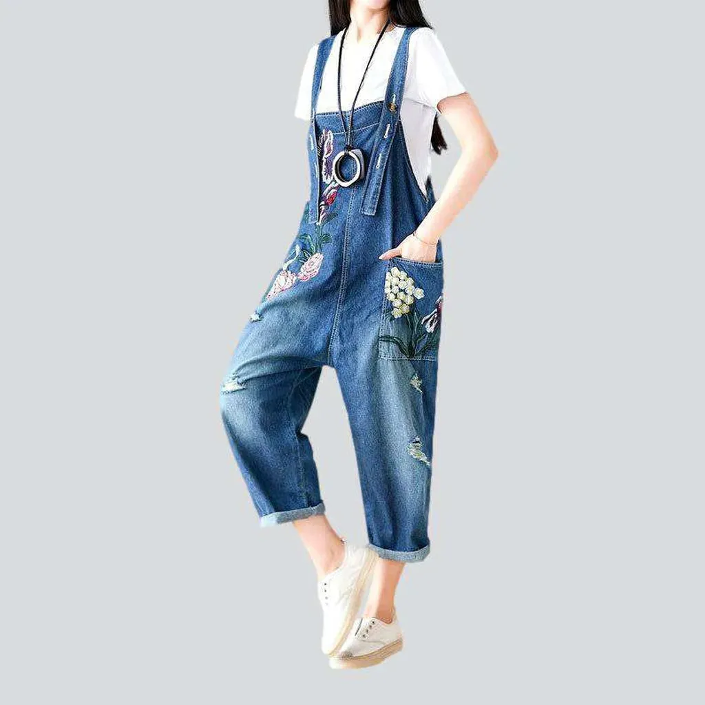 Embroidered denim dungaree for ladies