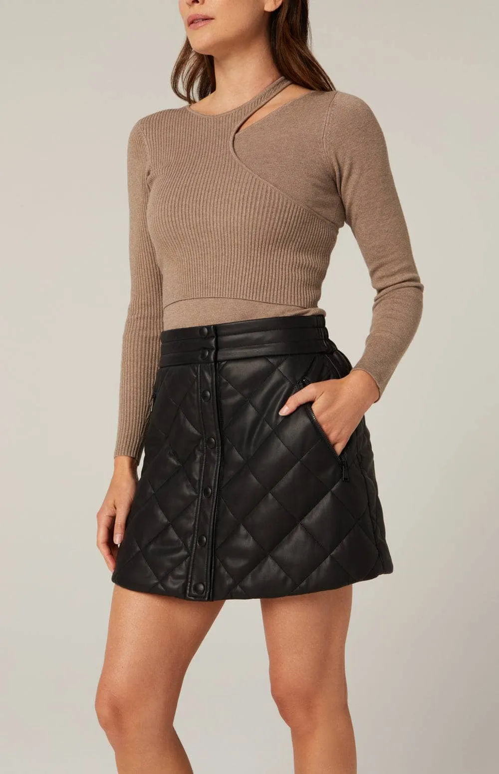 Emilia A-Line Quilted Mini Skirt | Black Faux Leather