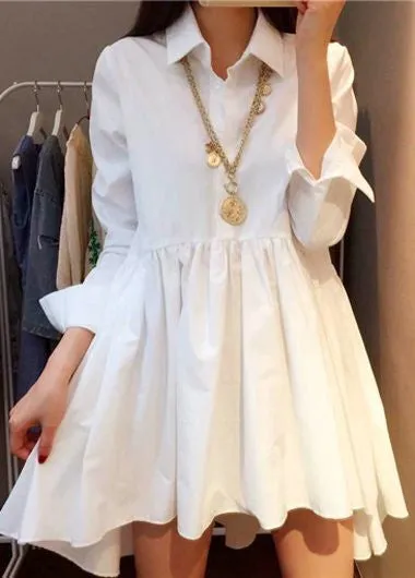 Fashion White High Low Turndown Collar Button Closure Dress