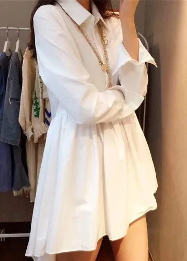 Fashion White High Low Turndown Collar Button Closure Dress