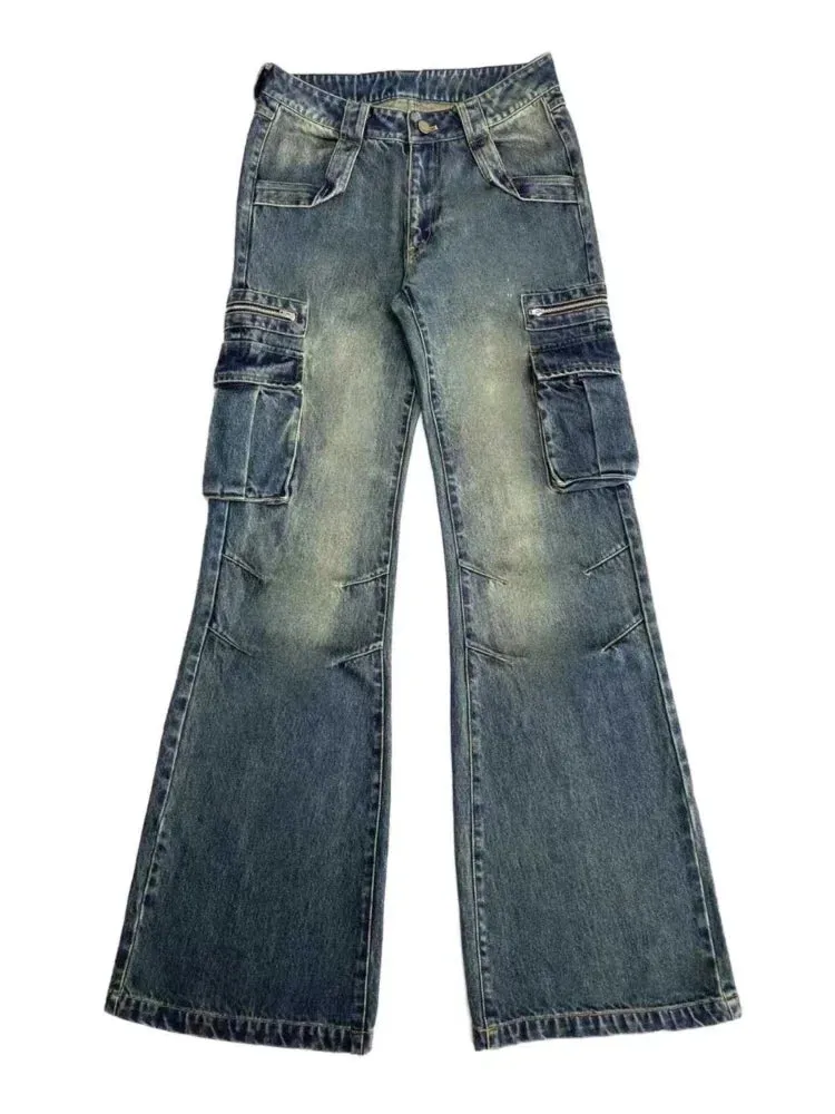 Flared Baggy Jeans Women Wide Leg Zipper Pockets Old Denim Pants