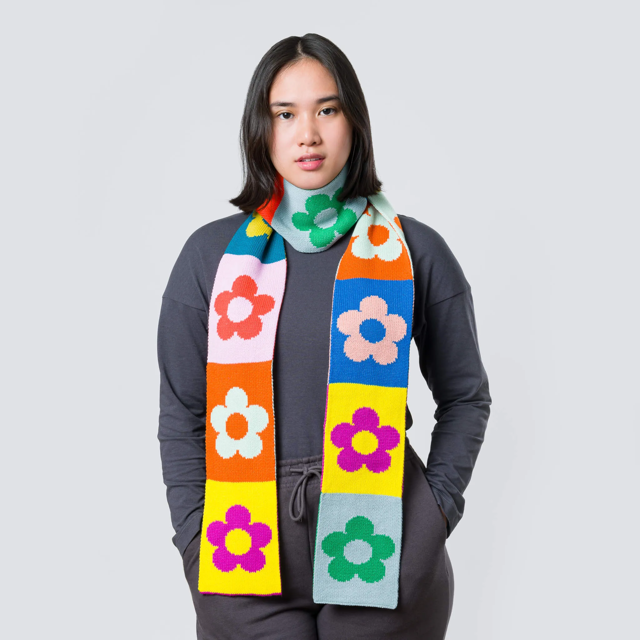 Flower Block Skinny Knit Scarf