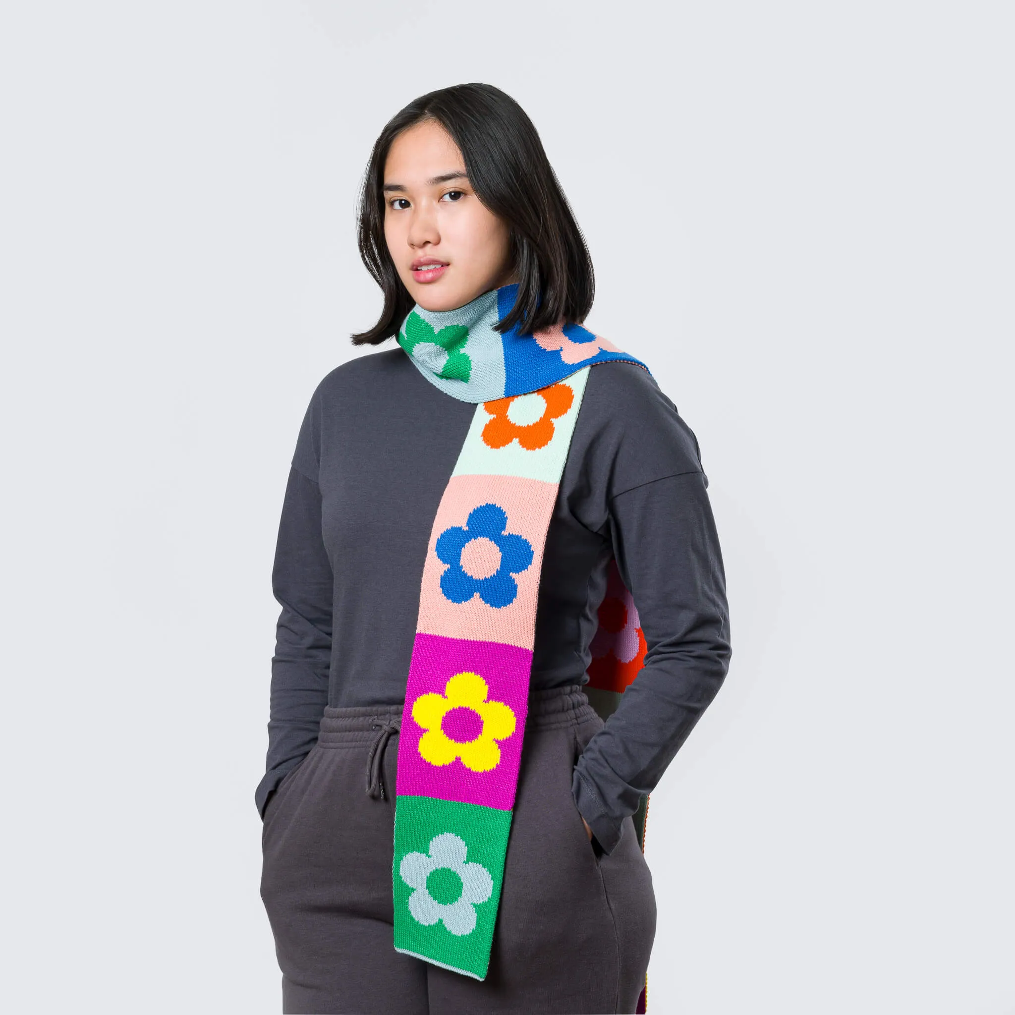 Flower Block Skinny Knit Scarf