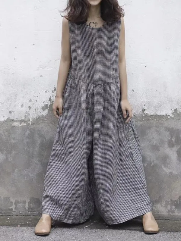 Free Size Linen Cotton Sleeveless Pockets Wide Leg Pants Jumpsuit