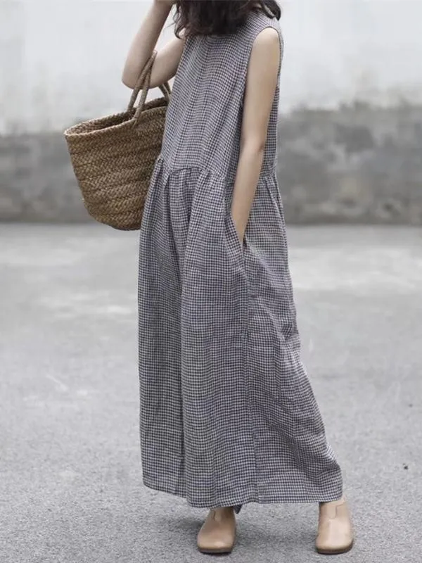 Free Size Linen Cotton Sleeveless Pockets Wide Leg Pants Jumpsuit