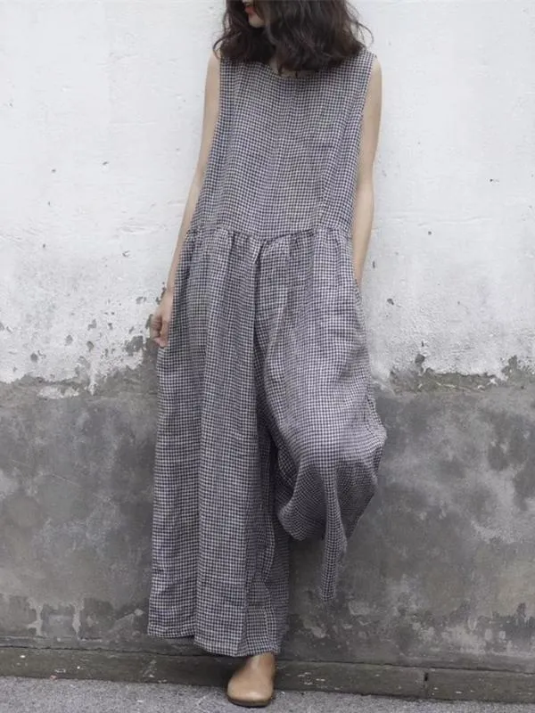 Free Size Linen Cotton Sleeveless Pockets Wide Leg Pants Jumpsuit