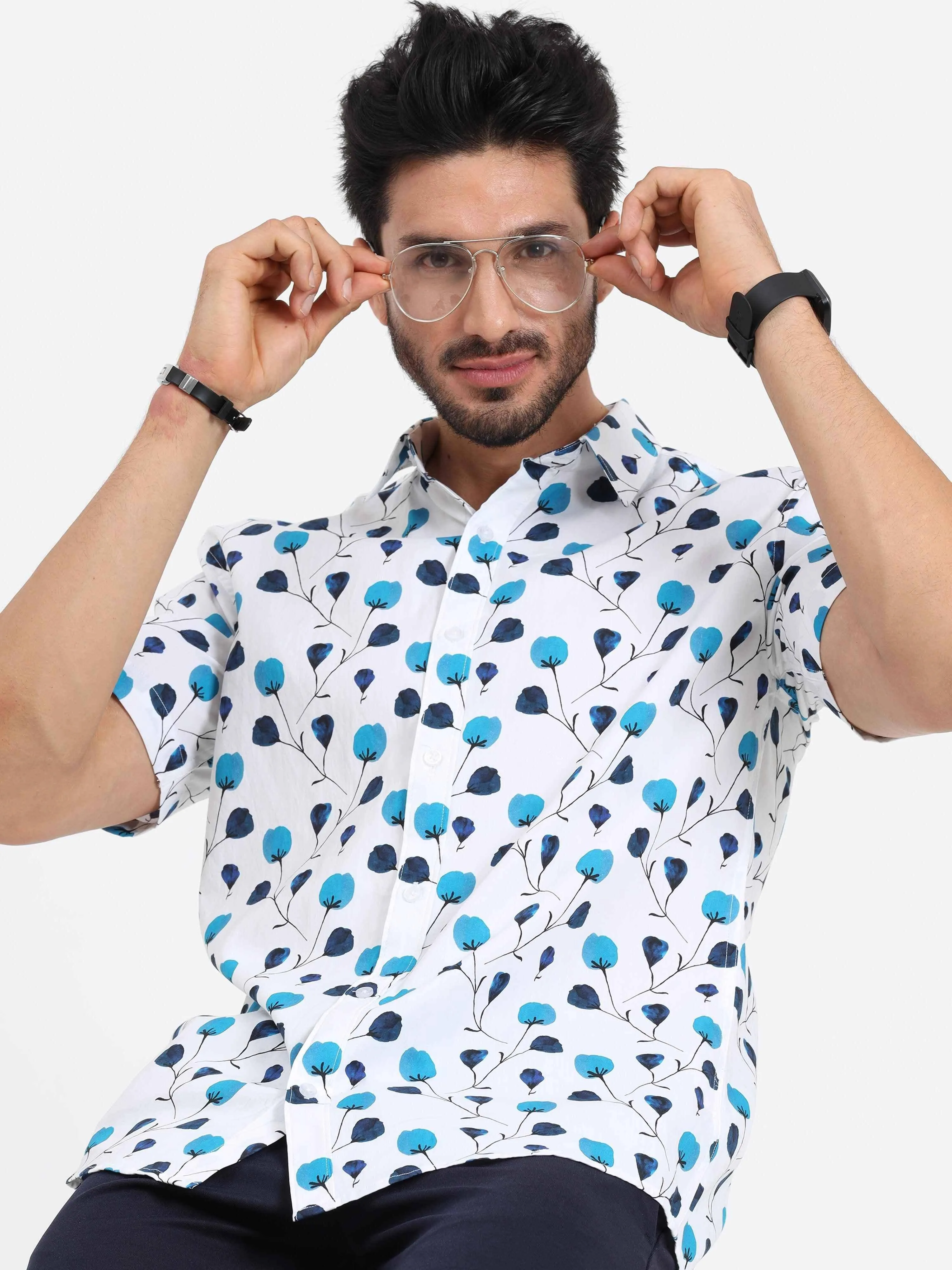 Frenso Blue Tulip Cotton Half Sleeve Shirt