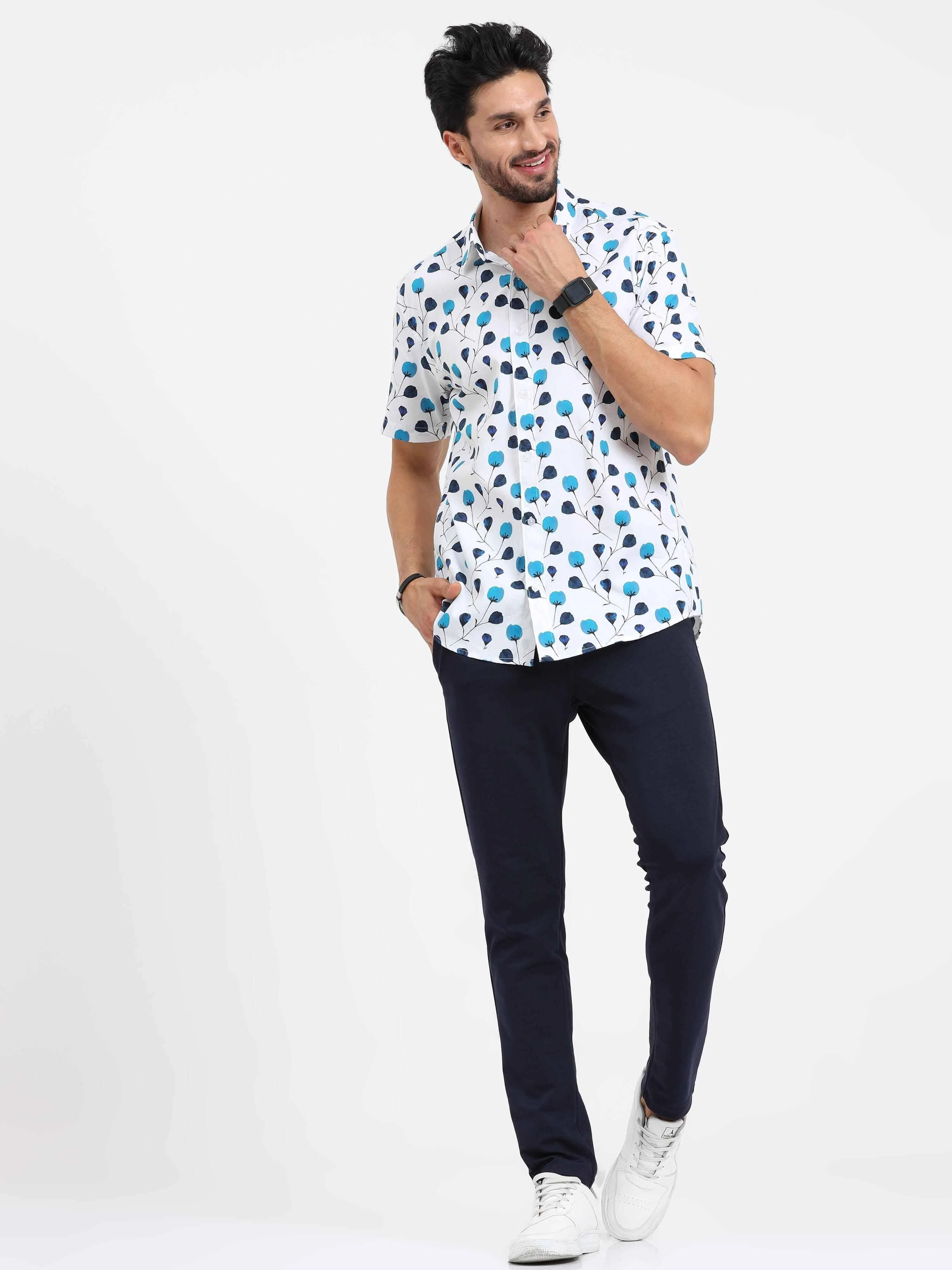 Frenso Blue Tulip Cotton Half Sleeve Shirt