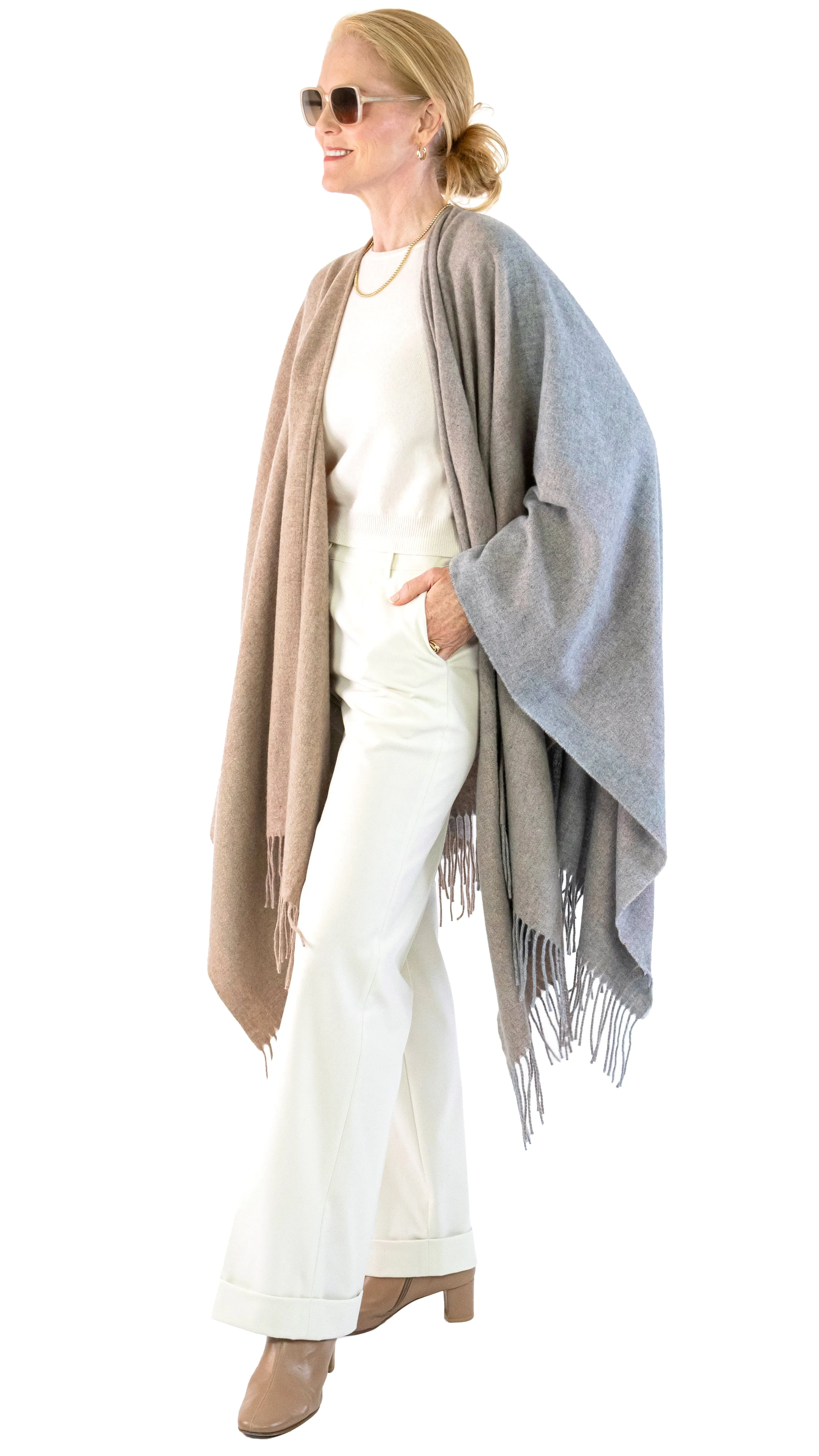 Fringe Cape - Grey / Tan