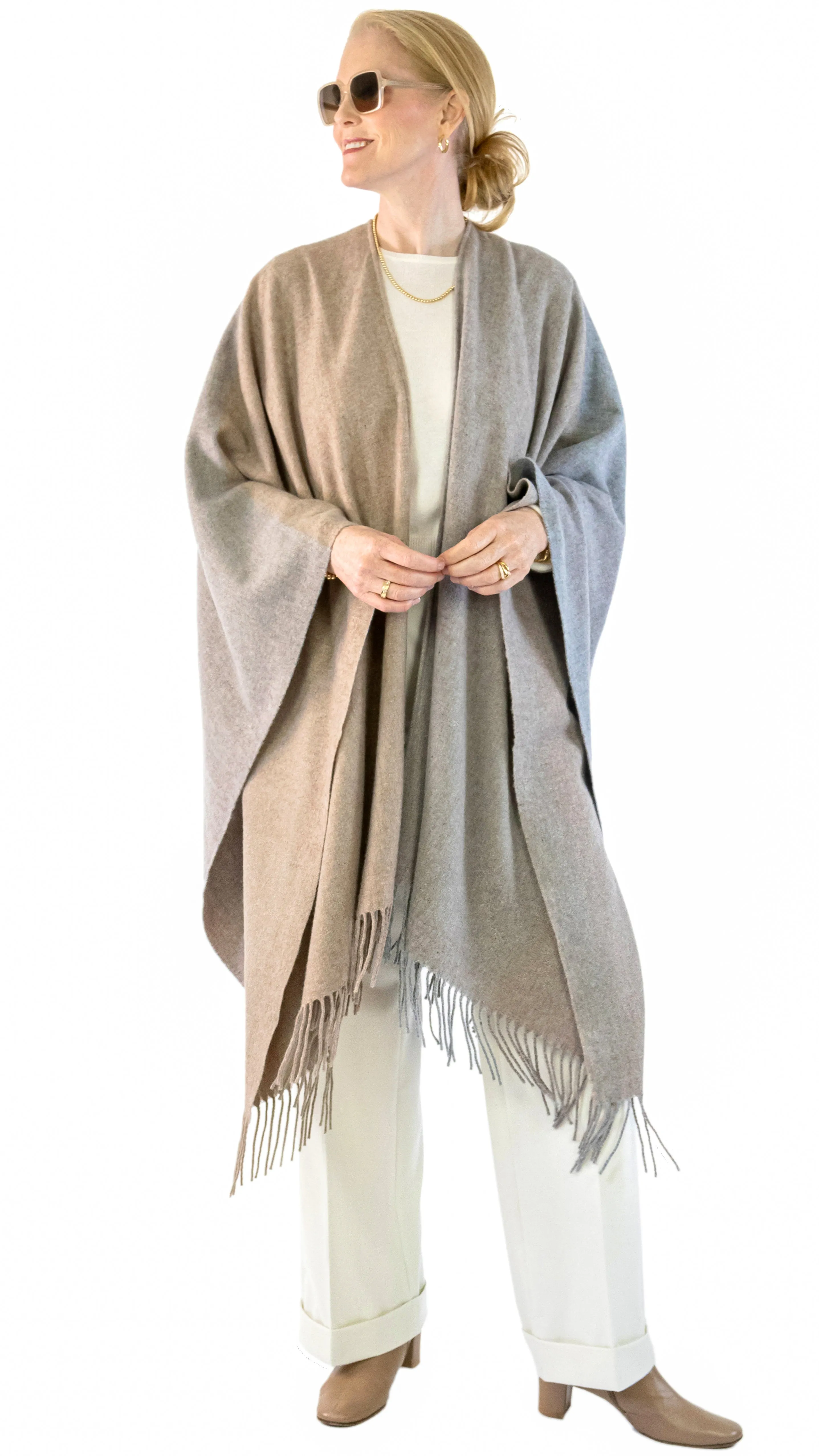 Fringe Cape - Grey / Tan