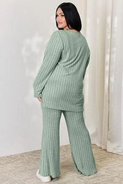 Full Size Ribbed Top and Wide Leg Pants Set