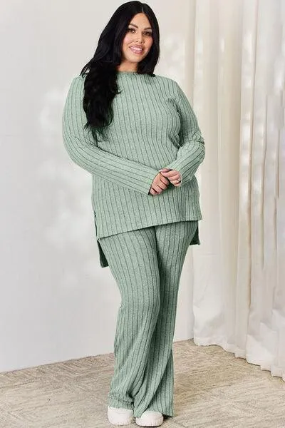 Full Size Ribbed Top and Wide Leg Pants Set