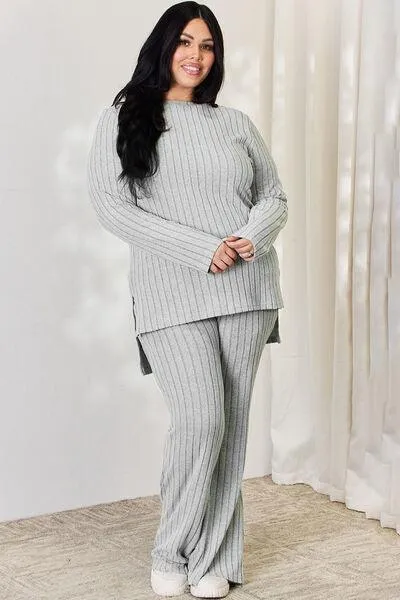 Full Size Ribbed Top and Wide Leg Pants Set