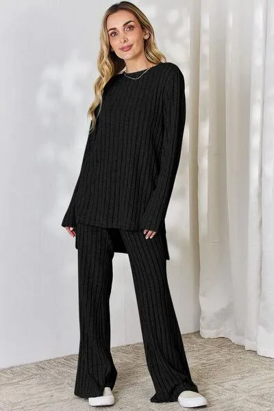 Full Size Ribbed Top and Wide Leg Pants Set