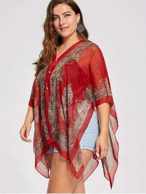 Fun Printed Beaded Plus Size Chiffon Poncho Top