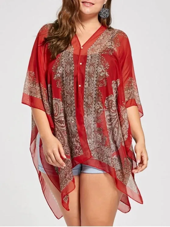 Fun Printed Beaded Plus Size Chiffon Poncho Top