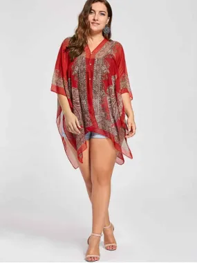 Fun Printed Beaded Plus Size Chiffon Poncho Top