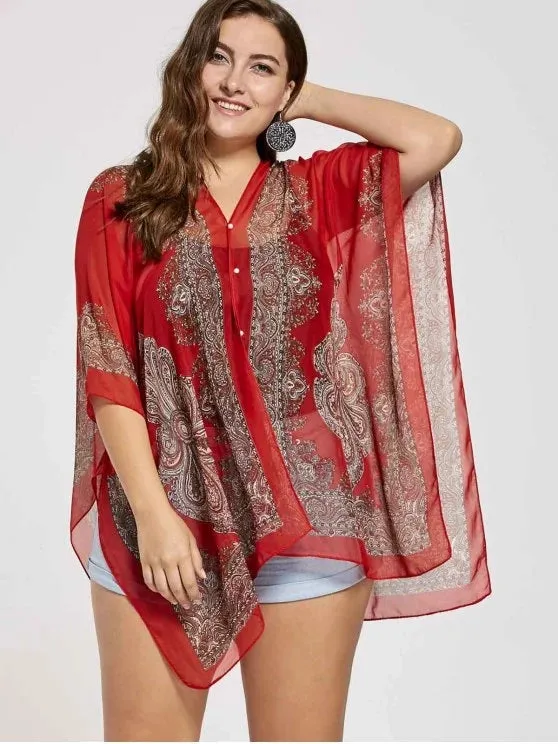 Fun Printed Beaded Plus Size Chiffon Poncho Top