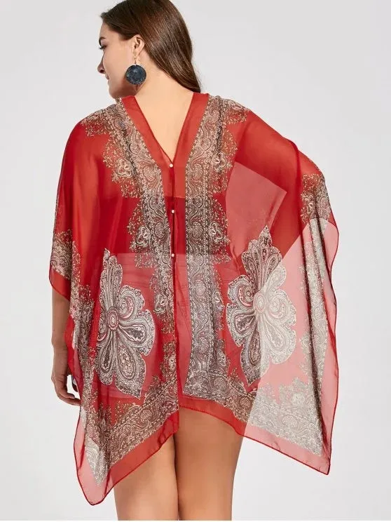 Fun Printed Beaded Plus Size Chiffon Poncho Top