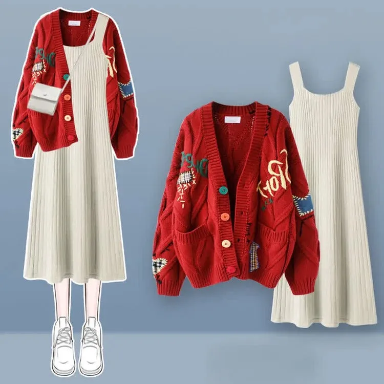 Graphic Letter Embroidery Knit Cardigan Sweater Slip Dress Two Piece Set