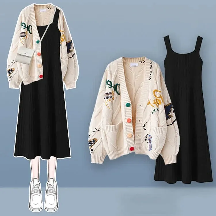 Graphic Letter Embroidery Knit Cardigan Sweater Slip Dress Two Piece Set